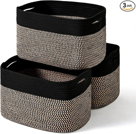 Storage Baskets for Organizing Shelves, Toy Basket for Kid's Room, Woven Cotton Rope Basket for Decor, Organizing Baskets for Bedroom Living Room, 15"x11"x9.5", 3 Packs, Black & Jute
