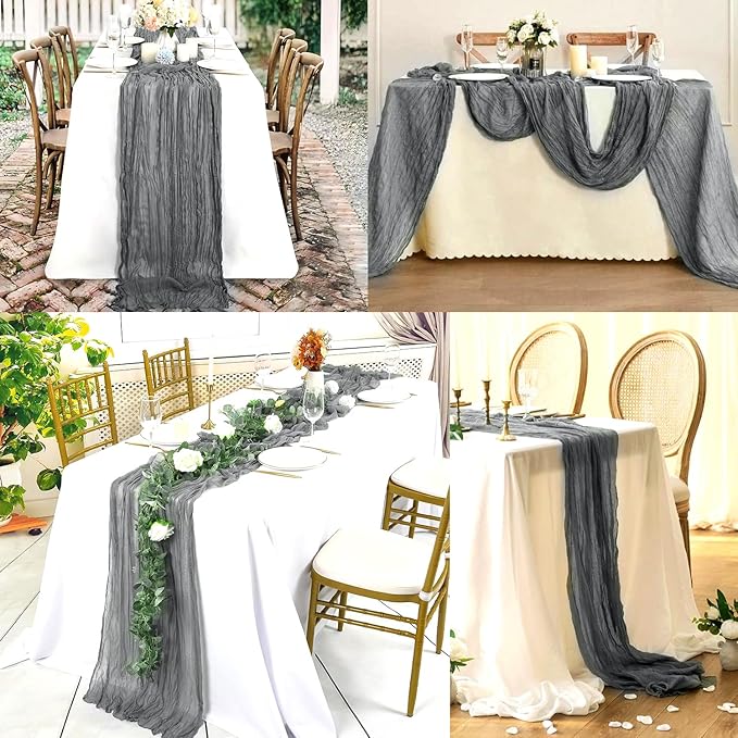 12 Pack Gray 10FT Cheesecloth Table Runner Rustic Gauze Fabric Cheese Cloth Table Runner for Wedding Bridal Baby Shower Table Decor 20 x 120 Inch Long Boho Sheer Birthday Party Table Decorations