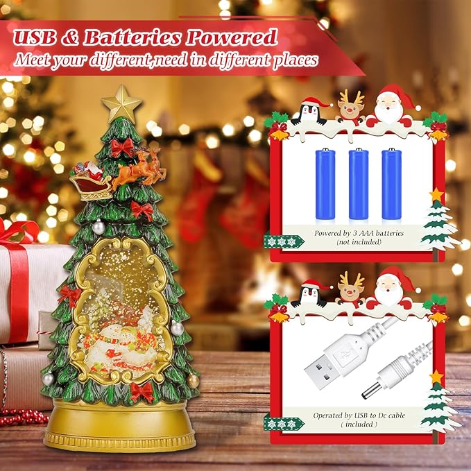 Christmas Snow Globes,with Musical and 6 Hour Timer,Snow Globes Lights, Christmas Indoor Decorations, Christmas Tree Decorations,USB & Battery Powered,Christmas Snowman Skiing