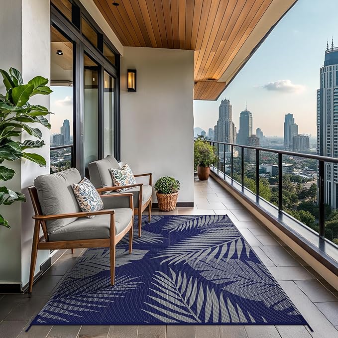 GENIMO Outdoor Rug 6' x 9' Waterproof for Patios Clearance, Reversible Outdoor Plastic Straw Camping Rug Carpet, Large Area Rugs Mats for RV, Camper, Deck, Balcony, Porch, Beach, Picnic Navy Blue&Grey