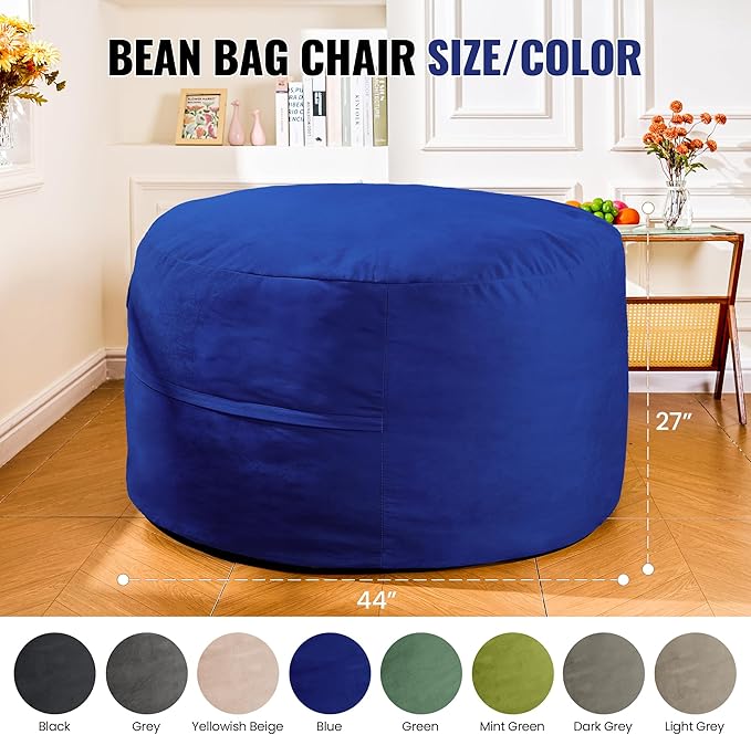 4FT Bean Bag Chair: Bean Bag with Velvet Cover, Fluffy and Comfy Bean Bag Chairs for Adults and Kids, Bean Bag Sofa Filled with High-Density Sponge for Gaming (Blue)