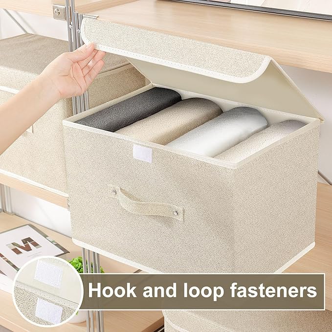 Fabric Storage Bins Cube Organizers with Flip-Top Lid and Handles,Storage Boxes for Organizing Home,Office,and Closet,Grey and Beige,3 Pack 15 x 9.8 x 9.8 in