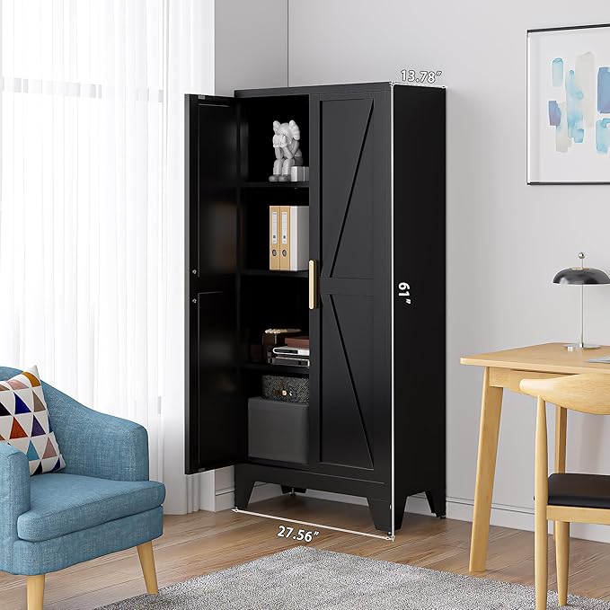 61" Tall Farmhouse Metal Pantry Cabinet, Kitchen Pantry Storage Cabinets with 2 Barn Door and Adjustable Shelves,Metal Pantry Storage Cabinet,for Kitchen,Laundry Room,Home Office,Kids Room (Black)