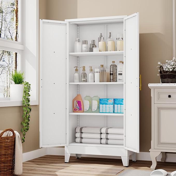 61" H Metal Kitchen Pantry Storage Cabinet, Freestanding Cupboard with 2 Doors and 3 Adjustable Shelves, Standing Storage for Kitchen, Bathroom, Garage, Dinning Room or Utility Room（White）