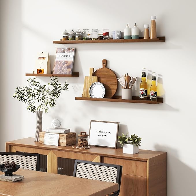 Picture Ledge Wall Shelves 24 inches Width Set of 3, Solid Pine Wood Rustic Floating Ledge Shelves for Wall for Kids' Room Bedroom Kitchen Bathroom Living Room Nursery Display Wall Decor, Walnut