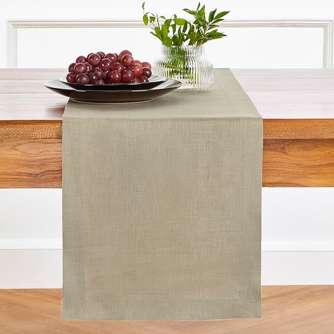 Solino Home Linen Vintage Khaki Table Runner 132 Inches Long - 100% Pure Linen Extra Long Table Runner 14 x 132 Inch for Fall, Autumn, Thanksgiving - Fete