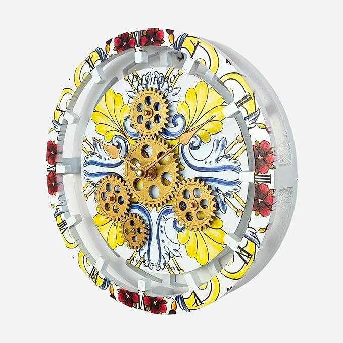 The Gears Clock Wall Clock Italy Collection with Moving Gears (Positano, 10 inch Round)