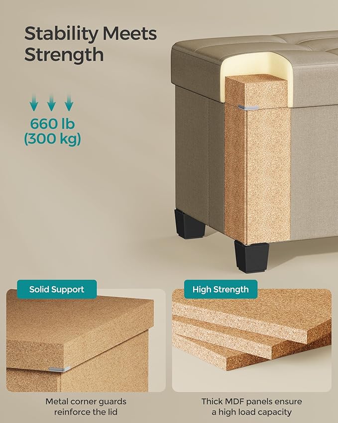 SONGMICS Storage Ottoman Bench, Foldable Foot Rest with Legs, 15 x 43 x 15.7 Inches, End of Bed Bench, Storage Chest, Load up to 660 lb, for Living Room, Bedroom, Entryway, Camel Brown ULSF018K01