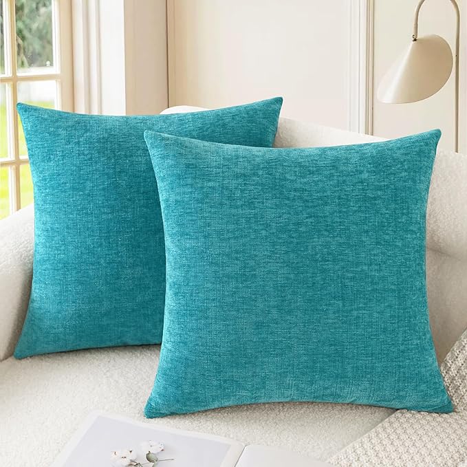 CaliTime Throw Pillow Covers Decorative 20 X 20 Inches Pack of 2 Cozy Chenille Cushion Cases for Couch Sofa Bed Living Room Home Lake Blue