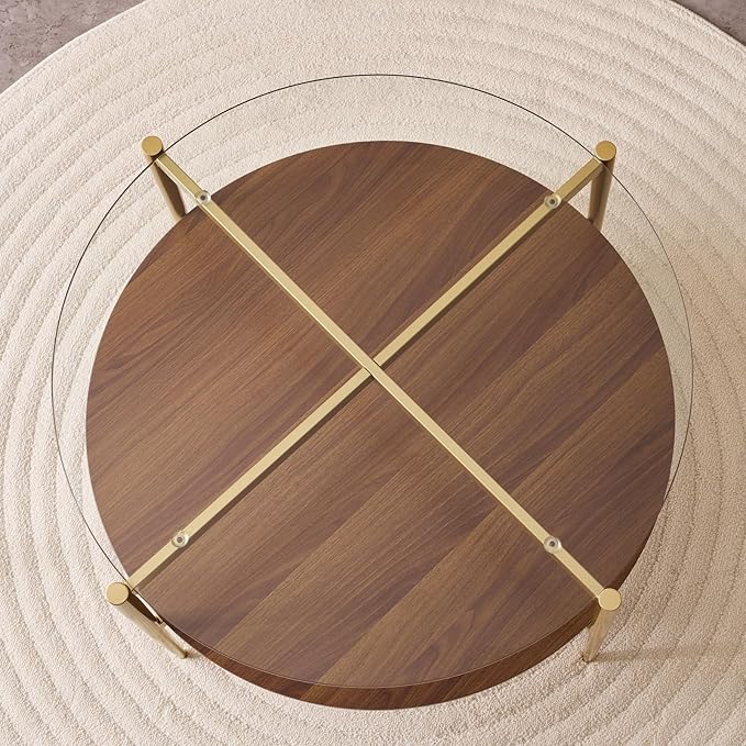 Round Coffee Table, Mid-Century Modern Design, D30“ x H17”, for Living Room, 2-Tier Structure, Clear Glass Top and Walnut MDF Shelf, Sleek Conical Metal Legs with Gold Finish