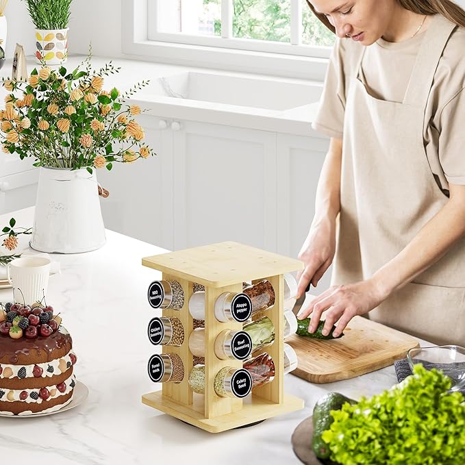 WelFurGeer Bamboo Spice Rack Organizer for Countertop, Revolving Spice Shelf with 12 Glass Jars, Lids & Labels, Desktop Rotating Seasoning Organizer for Kitchens, Space-Saving Design