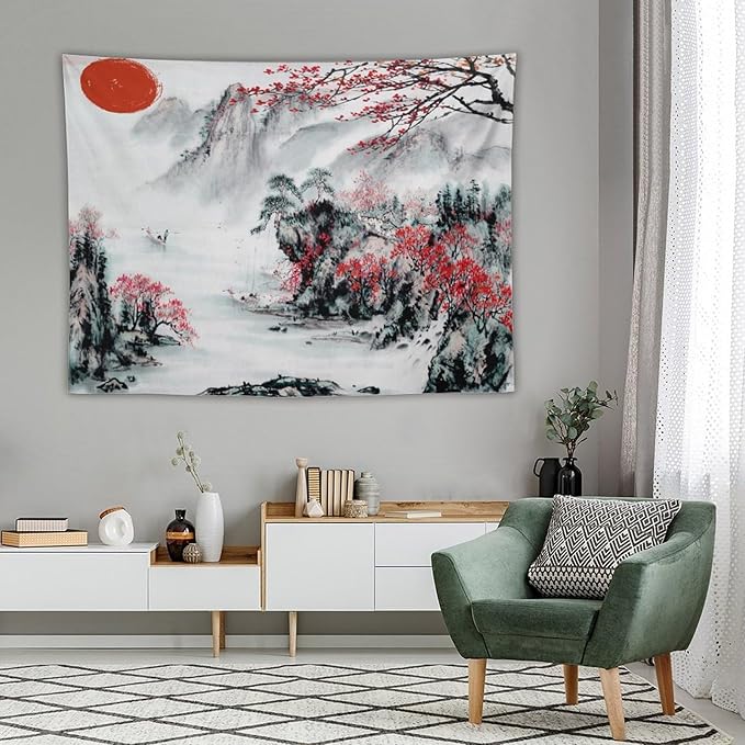 Cherry Blossoms Tapestry,Japanese Red Landscape Asian Watercolor Abstract Art Tapestry, Asian Japanese Wall Tapestry, Nature Landscape Tapestries for Bedroom Living Room Decor 80"x60"