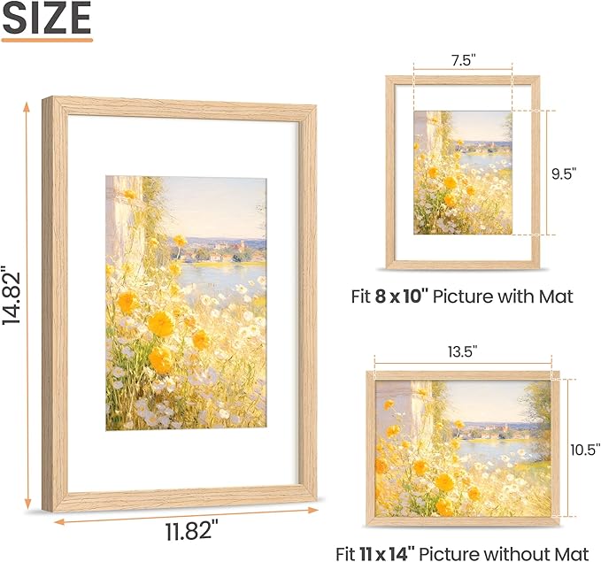 upsimples 11x14 Picture Frame, Natural Solid Wooden Picture Frames, Display 8x10 with Mat or 11 x 14 Without, Vertical or Horizontal Wall Hanging, 1 Pack, Natural