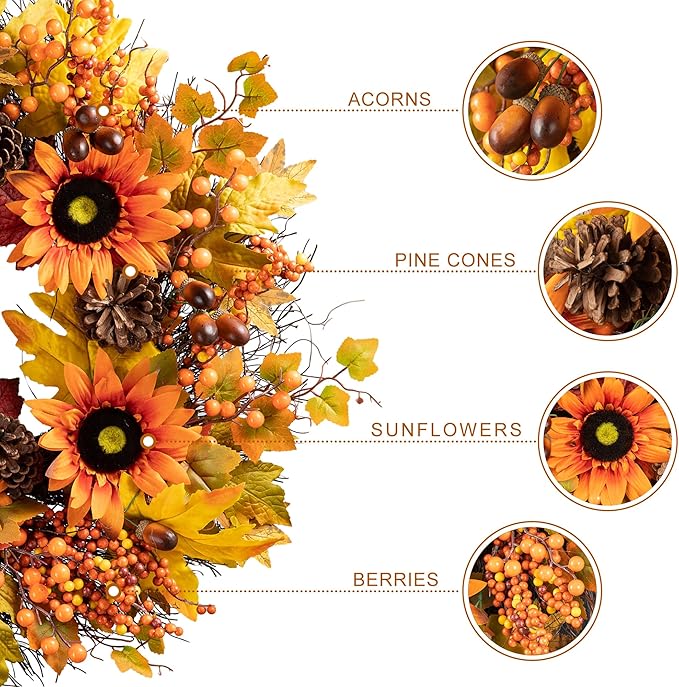 Glitzhome 24'' Fall Wreath for Front Door Decor, Artificial Autumn Orange Wreath with Sunflower, Maple Leaf and Berry Ornament for Wall Fireplace Farmhouse Thanksgiving Day Harvest Festival Decor