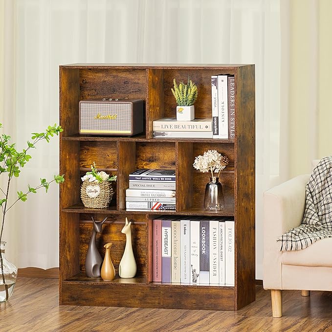 LEYAOYAO 7 Cube Bookshelf - Mid Century Modern Brown Rustic Wood Storage