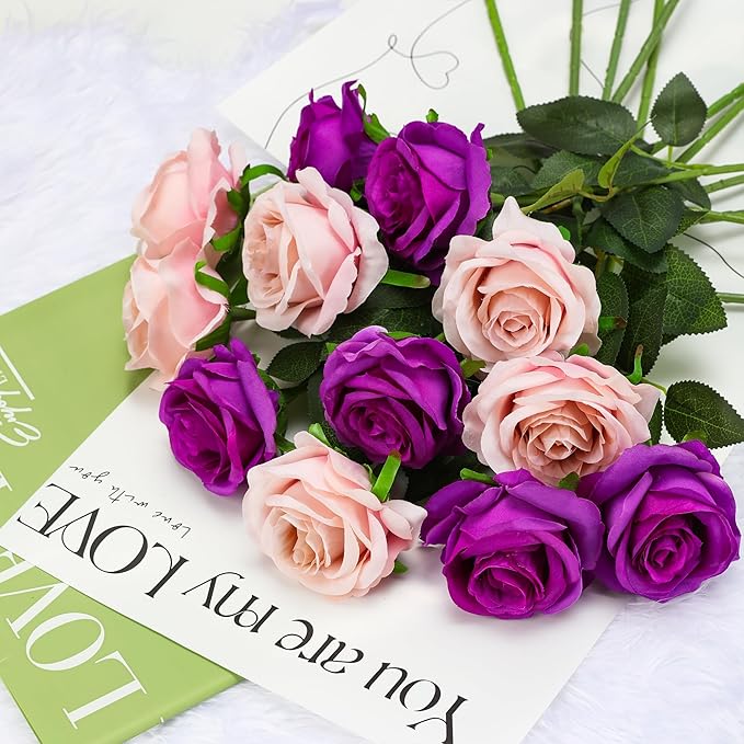 Purple Fake Roses Artificial Flowers - 16 Pcs Fake Artificial Roses Silk Flowers with Stems for Home Wedding Hotel Office Centerpiece Decor