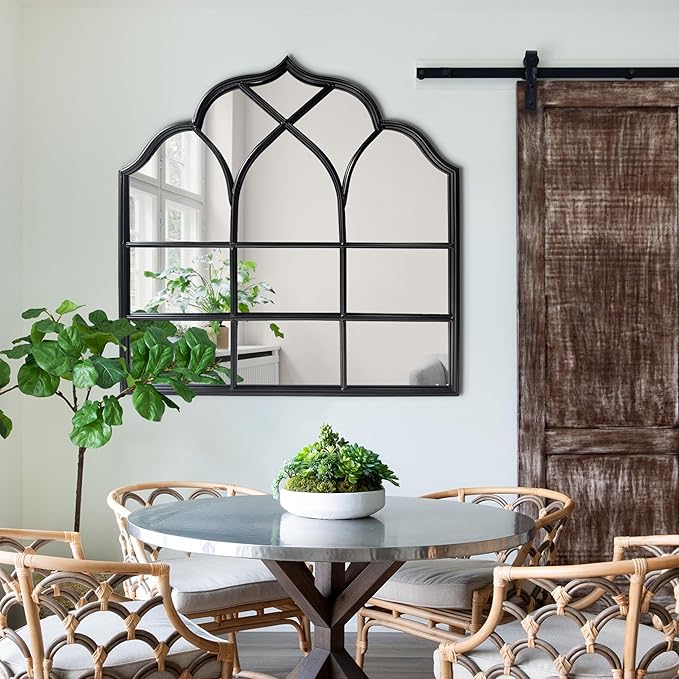 Window Mirror Pane, Black Metal Frame, Cathedral Arched Wall Mirrors Decorative Over Fireplace Mantel, Farmhouse Decorations for Dining Living Room Hallway Entryway