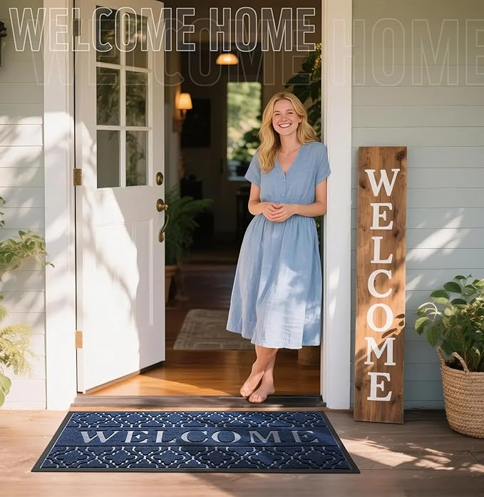Yimobra Welcome Mat Outdoor Indoor, All-Season Waterproof Front Door Mat Outside Entrance, All-Weather Heavy Duty Non-Slip Doormat, Low Profile Porch Patio Entrance Mats, 47x24, Blue