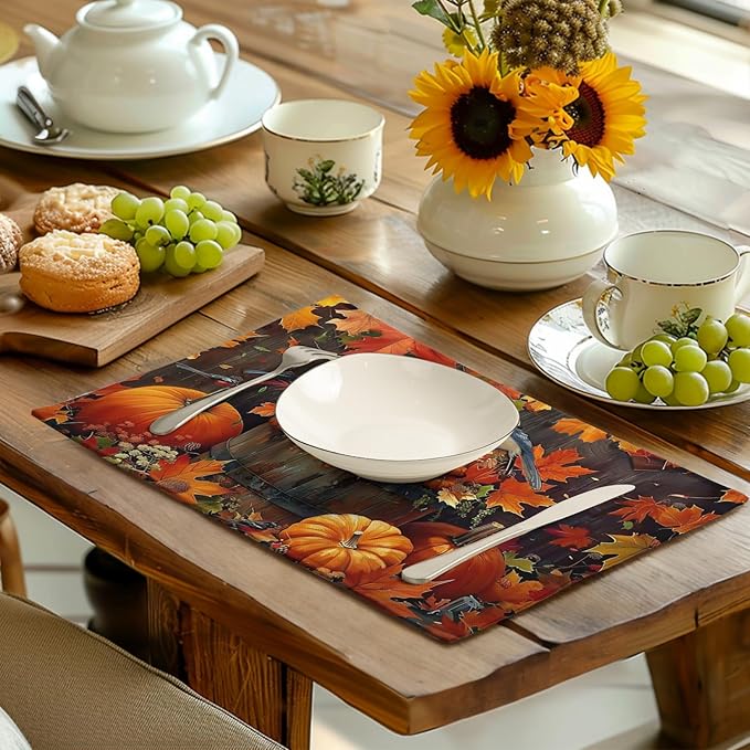 Pumpkin Maple Leaf Bird Fall Placemats Set of 4 Autumn Thanksgiving Seasonal Holiday Harvest Linen Table Mats Orange Brown Washable Place Mats for Party Kitchen Dining Outdoor Indoor Decor