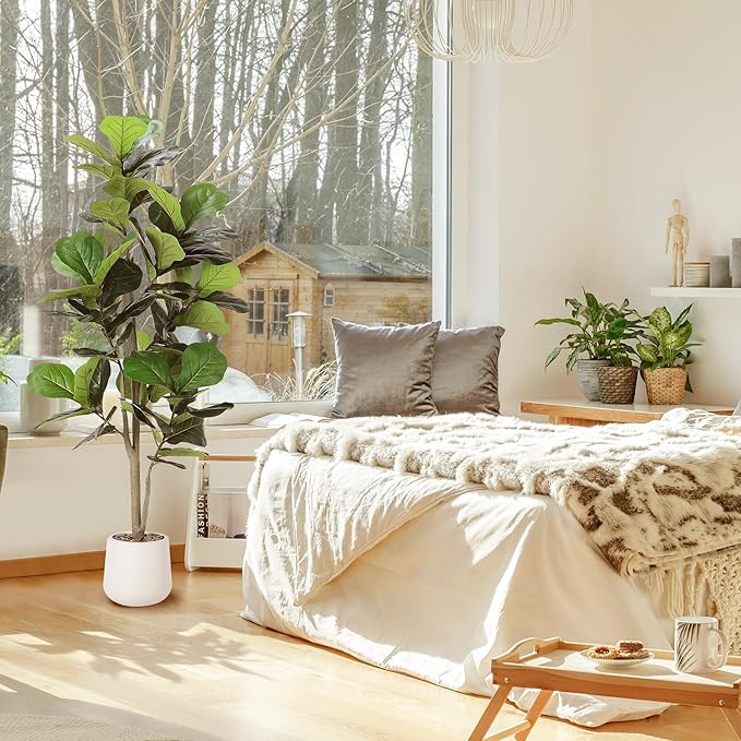 Artificial Fiddle Leaf Tree, 5ft Faux Plant Fake Ficus Lyrata Silk Trees with White Planter, Artificial Fig Trees Floor Plants for House Office Living Room Indoor Home Decor, Housewarming Gift