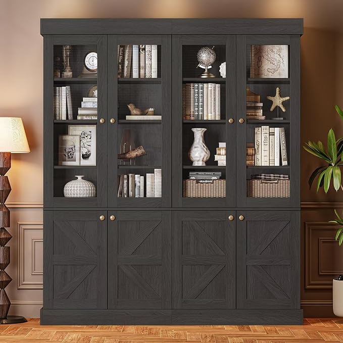 Vyre 71" Tall Farmhouse Bookshelves with Glass Doors, Set of 2 – Large Modular Bookcase with Adjustable Shelves, Storage Cabinet for Living Room, Kitchen, Home Office, Black