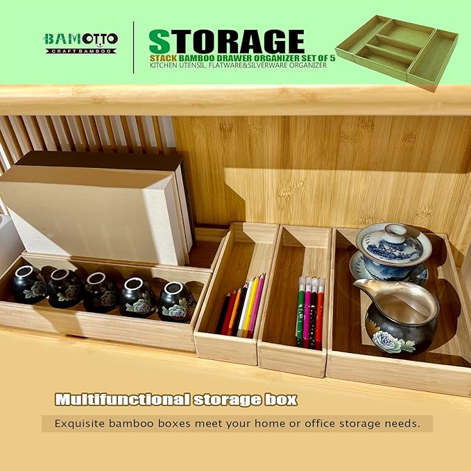 Stack Bamboo Drawer Organizer Set of 5, Kitchen Utensil, Flatware&Silverware Organizer-Wood Laminated Stackable for Kitchen, Bedroom, 13.4''x4.5''*2+10.2''x3.3''*2+10.2''x6.7''*1