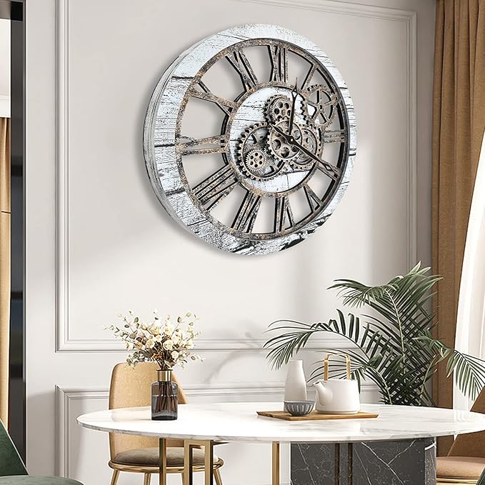 The B-Style Large Wall Clock 24 inch Moving Gear Wall Clock Oversized Vintage Farmhouse Wall Clocks for Living Room Decor Rustic Industrial Wood Clock (Gray and White)