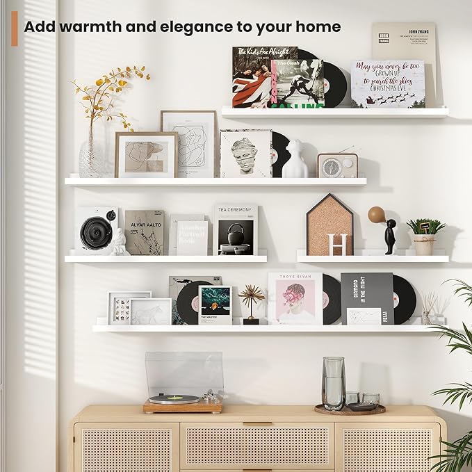 Fun Memories Picture Ledge Shelves Set of 2, 36 Inch Rustic Wall Mounted Floating Shelves with Lip for Home Storage and Décor in Bathroom, Kitchen, Nursery, Bedroom, Living Room, White