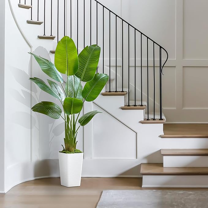Lifelike Bird of Paradise Silk Artificial Plant Faux Banana Leaf Tree for Home Decor - Perfect Indoor Floor Plant with 9 Trunks (1, White Tall Planter, 5 FT)