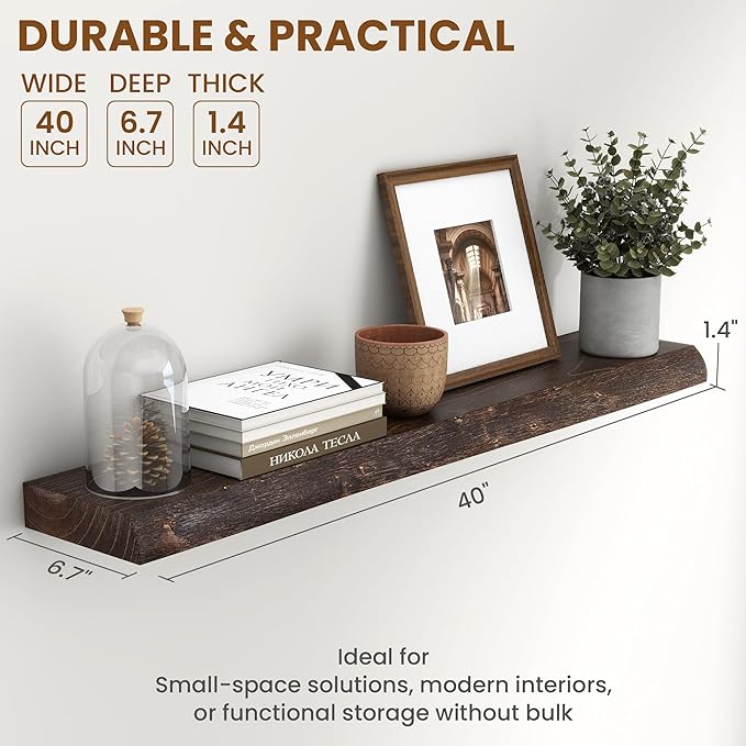 Fun Memories 40" Floating Shelves for Wall, Live Edge Solid Elm Wood Floating Shelf with Invisible Bracket, Wall Mounted Display Wooden Shelves for Bathroom, Kitchen, Bedroom, Walnut Color, Set of 1