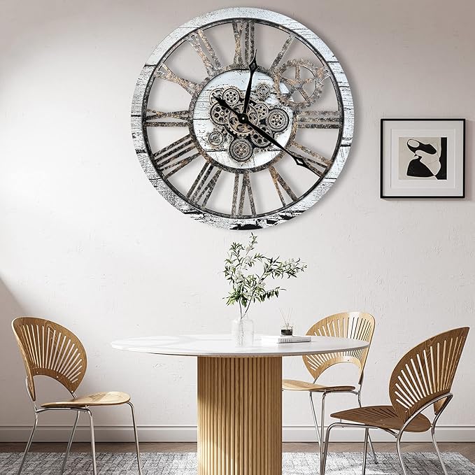 The B-Style Large Real Moving Gears Wall Clock 30 inch Rustic Retro Industrial Farmhouse Wood Clock Oversized Decorative Vintage Wall Clocks for Living Room (Silver Gray)