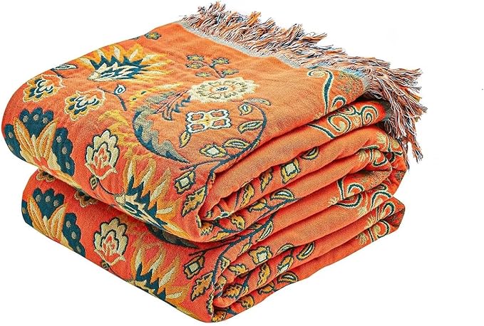 Boho Throw Blanket, 100% Cotton Ultra Soft Luxury Throw Rustic Quilt, 90"x98" Floral Printed Farmhouse Decor Bed Summer Blankets, All Season Rustic Reversible Bohemian Throw for Bed - Orange