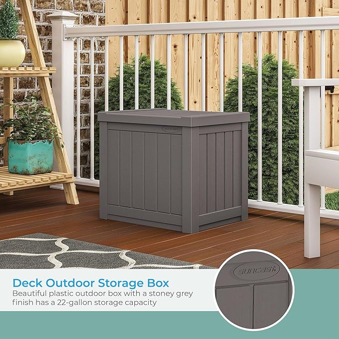 Suncast 22-Gallon Small Deck Box - Lightweight Resin Indoor/Outdoor Storage Container and Seat for Patio Cushions and Gardening Tools - Store Items on Patio, Garage, Yard - Stone Gray, Made in the USA