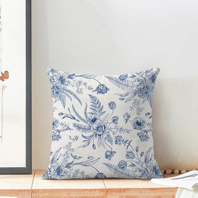 CXMEIFLY Spring Floral Leaves Pillow Covers 20 x 20 Inch Set of 2 for Chinoiserie Flowers Decor Throw Pillows Blue and White Seasonal Plant Outdoor Decorative Cushion Cases for Couch Bed Decorations