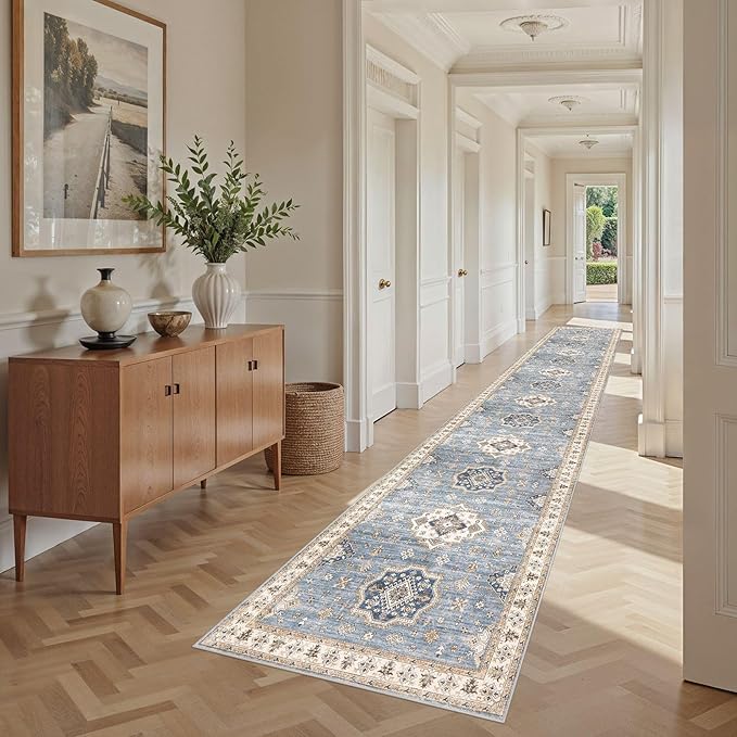 Washable 2.6x14 Runner Rug - Area Rugs Neutral Vintage Distressed Floral Farmhouse Boho Large Soft Floor Rug Indoor Carpet for Hallway Entryway Home - Blue