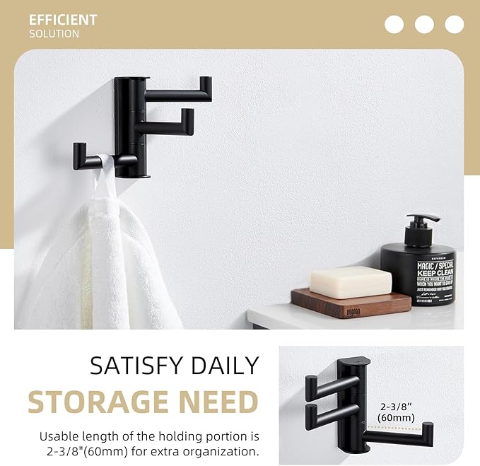 Angle Simple Swivel Towel Hook 3 Arms, SUS 304 Stainless Steel Foldable Bathroom Robe Towel Hook, Wall Coat Holder, Matte Black