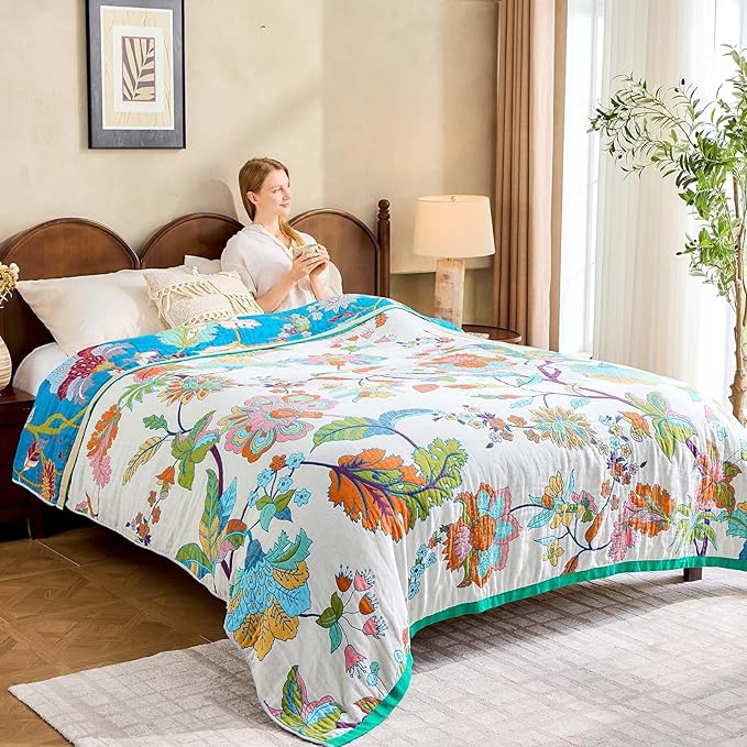 Summer Throw Blanket, 80"x90" Reversible Bohemian Flower Blanket, 100% Cotton Muslin Breathable Woven, Farmhouse Decorative Throw Blanket