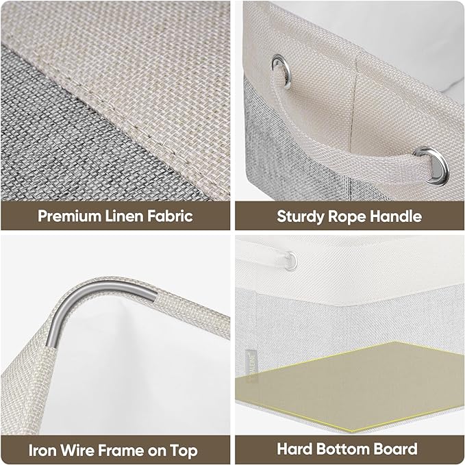 BALEINE 2 Pack Fabric Storage Bins for Shelves, Linen Storage Baskets for Organizing, Decorative Closet Bins for Clothes, Home (Grey, 15"x11"x9.5")