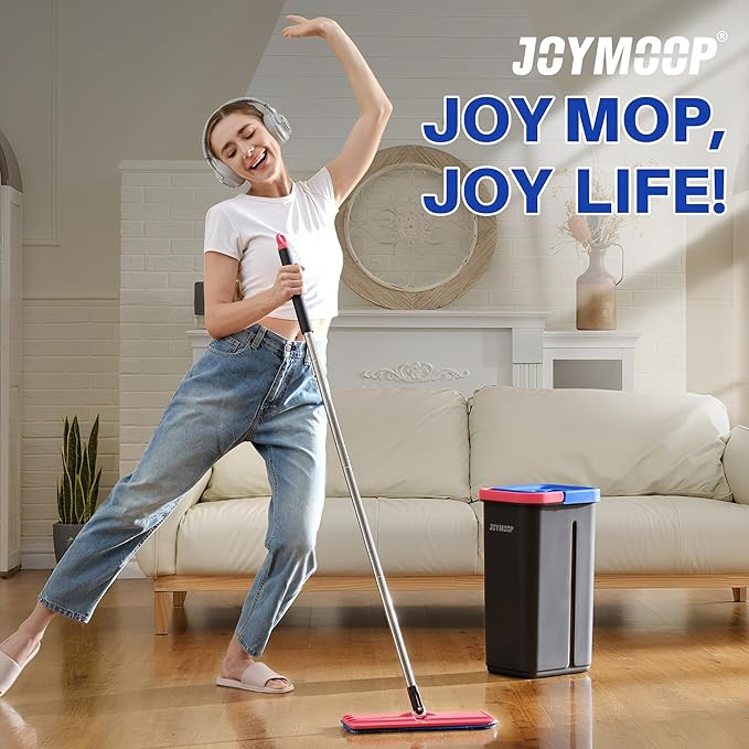 JOYMOOP Mop and Bucket Set for Home, Hands-Free Self-Cleaning System, with 5 Reusable Microfiber Mop Pads, Suitable for Floor Cleaning and Wall Cleaner - Black+Red+Slate Blue