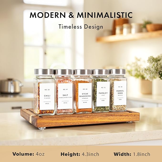 Glass Spice Jars with Label and Stainless Steel Lids (24 x 4oz) Spice Containers with 240 Labels, Shaker Inserts, Steel Funnel, Empty Square Empty Square Seasoning Organizer (White)