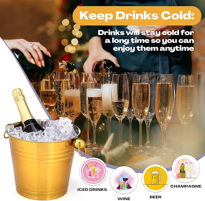 Amyhill 8 Pack Stainless Steel Ice Bucket 5.3 Quart/ 5 Liter with Handle Large Insulated Champagne Buckets Beer Bucket for Cocktail Bar Wine Parties Chilling Wine Champagne Home(Gold)
