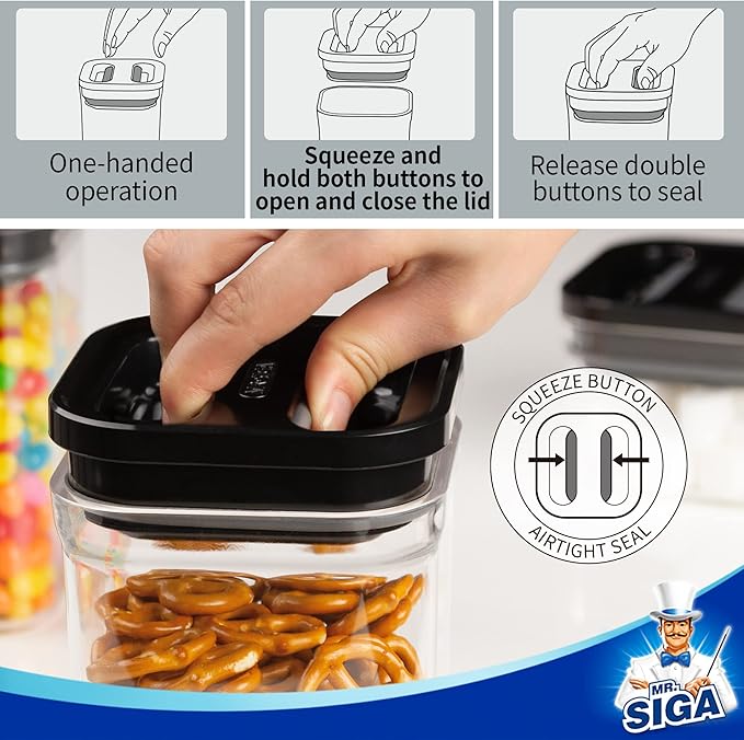 MR.SIGA 6 Piece Airtight Food Storage Container Set, BPA Free Kitchen Pantry Organization Canisters, One-handed Kitchen Storage Containers for Cereal, Spaghetti, Pasta, Black