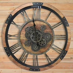 DORBOKER 36'' Large Wall Clock Real Moving Gears Oversized Industrial Solid Wood Rusic Farmhouse Clocks for Living Room Wall Decor Home Office, 36 inch 90cm, Brown and Vintage Bronze