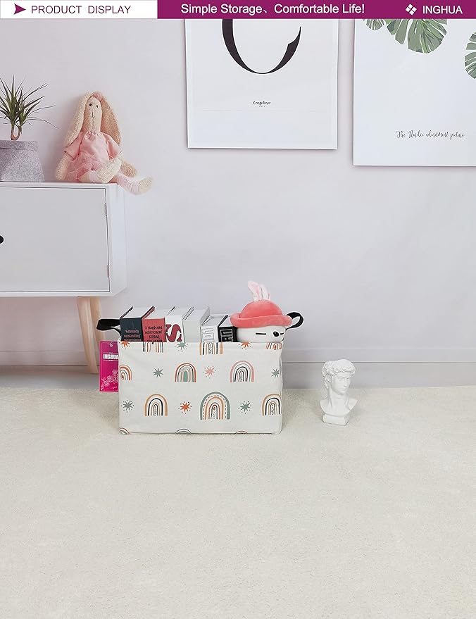 Rectangular Storage Basket Fabric Organizer Bin for Toys,Books,Clothes,Gifts,Pets-Perfect for Home,Office,Nursery,Dorm,Shelf(Rec-Star Rainbow )