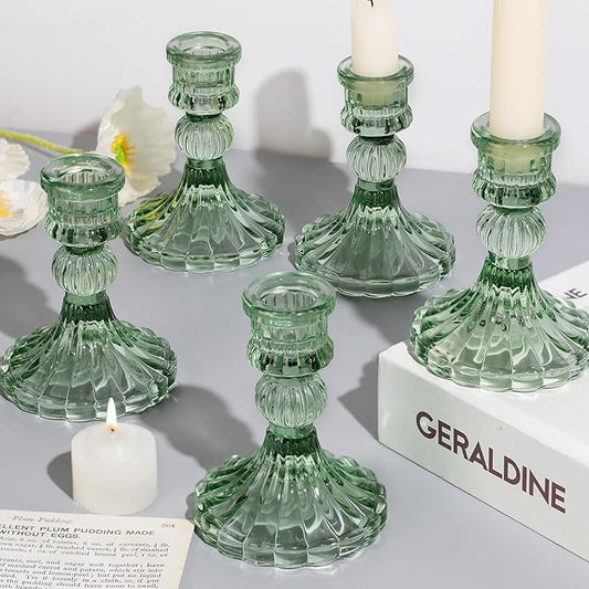 12PCS Green Candlestick Holders Set- 4" H Taper Candle Holders, Glass Candle Holders Bulk for Wedding, Party, Home Table Centerpieces, Festival Gifts & Windowsill Decor