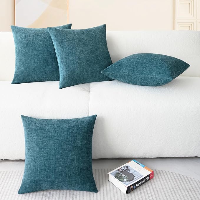 CaliTime Throw Pillow Covers Decorative 18 X 18 Inches Pack of 4 Cozy Chenille Cushion Cases for Couch Sofa Bed Living Room Home Ocean Blue