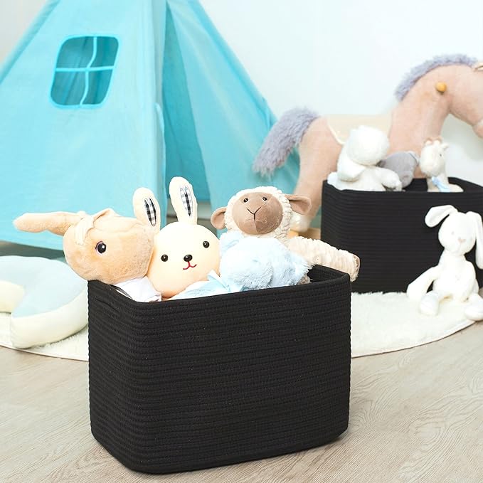 MINTWOOD Design 3-Pack Storage Baskets for Shelves, Playroom and Classroom, Book Basket, Decorative Storage Cube Bins, Woven Closet Organizers, Pantry and Shoe Organizer, Full Black