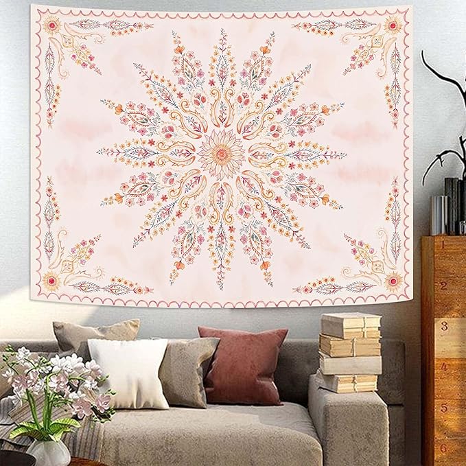 Fowocu Boho Floral Mandala Tapestry for Bedroom Aesthetic Pink Bohemian Flower Wall Tapestry Watercolor Hippie Indian Small Tapestries Wall Hanging for Living Room Dorm Decor 40 x 30 Inch