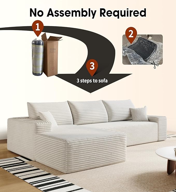 108" Sectional Couches for Living Room Modern Modular Sofa with L-Shape Couchs Upholstered Boneless Couch Deep Seat Sectional Couch with Chaise (White, Left Facing Chaise+2Seaters)