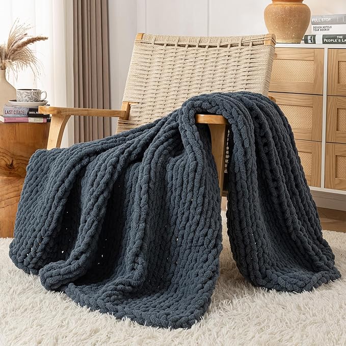 Chunky Knit Blanket Throw, 100% Hand Knit Throw Blanket Handmade Chenille Cable Knit Throw for Couch, Stylish Cozy Soft Rope Knot Crochet Blanket for Home Decor, Blue Mirage, 50x60 Inches